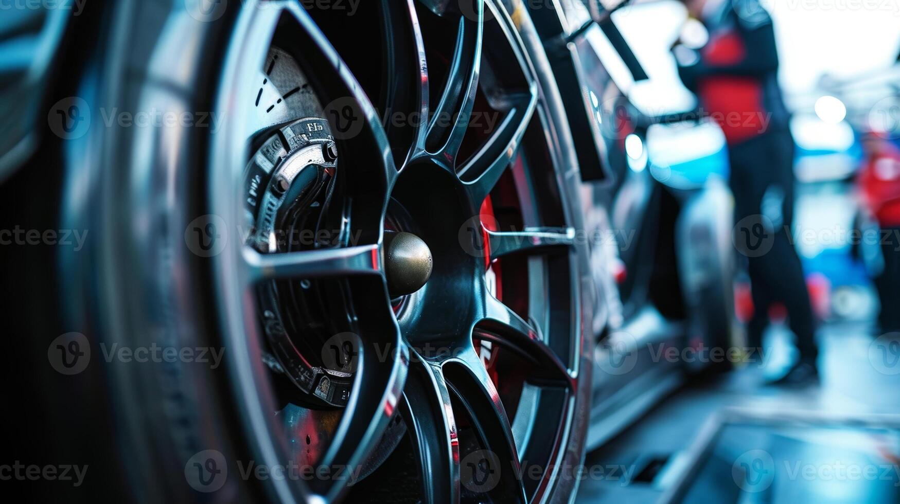 Extreme closeup of a race car tire being changed showcasing the skilled mechanics inserting and tightening bolts on the wheel photo