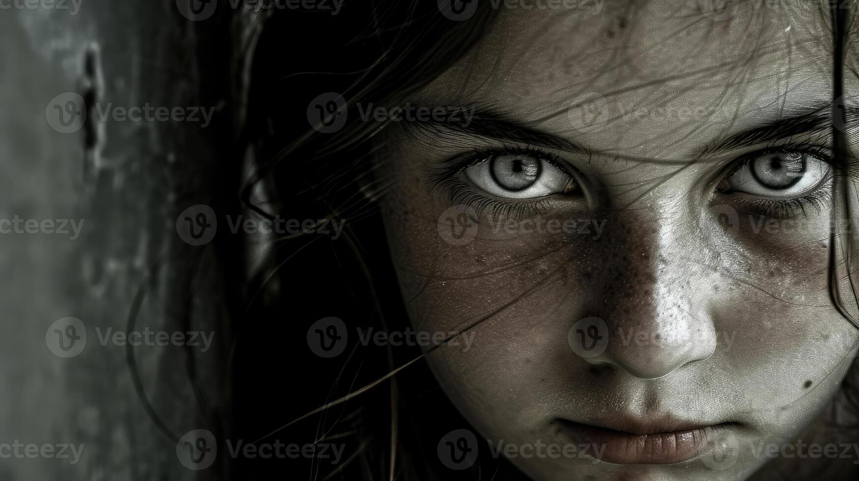 A young girl her eyes wide with fear and uncertainty representing the innocence and vulnerability of those caught in the throes of political perseion photo