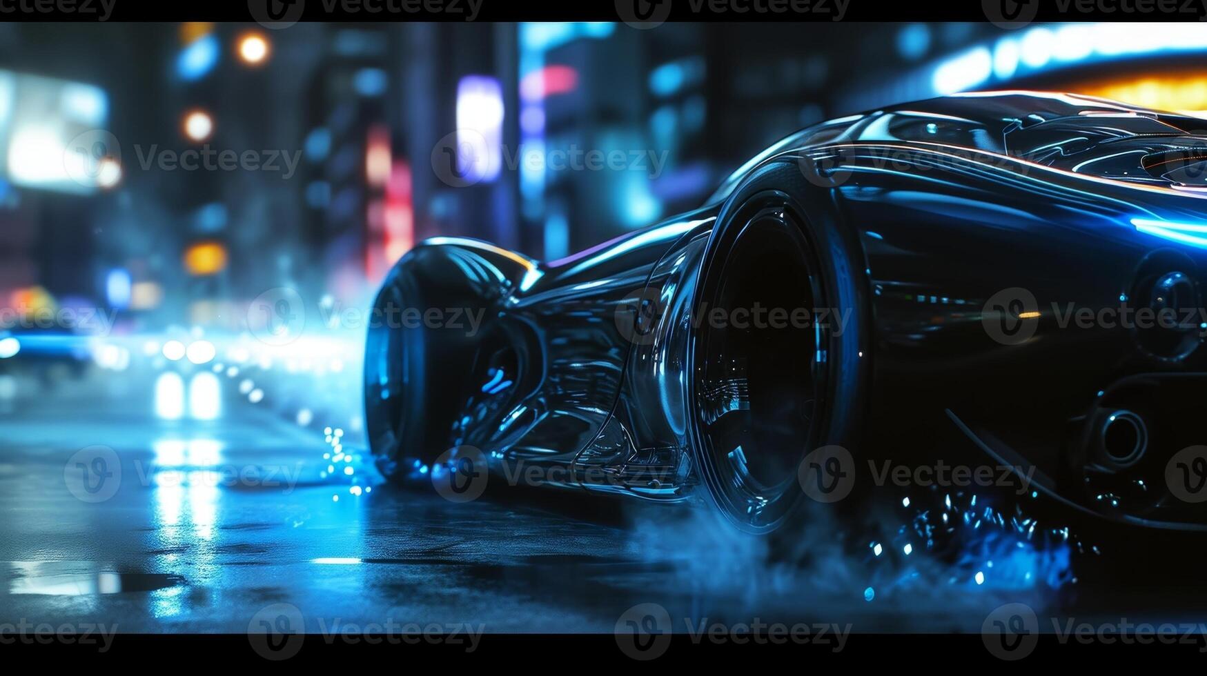 The car comes to a stop and the camera zooms in on the futuristic exhaust pipes which emit bursts of blue flames adding to the cyberpunk vibes photo