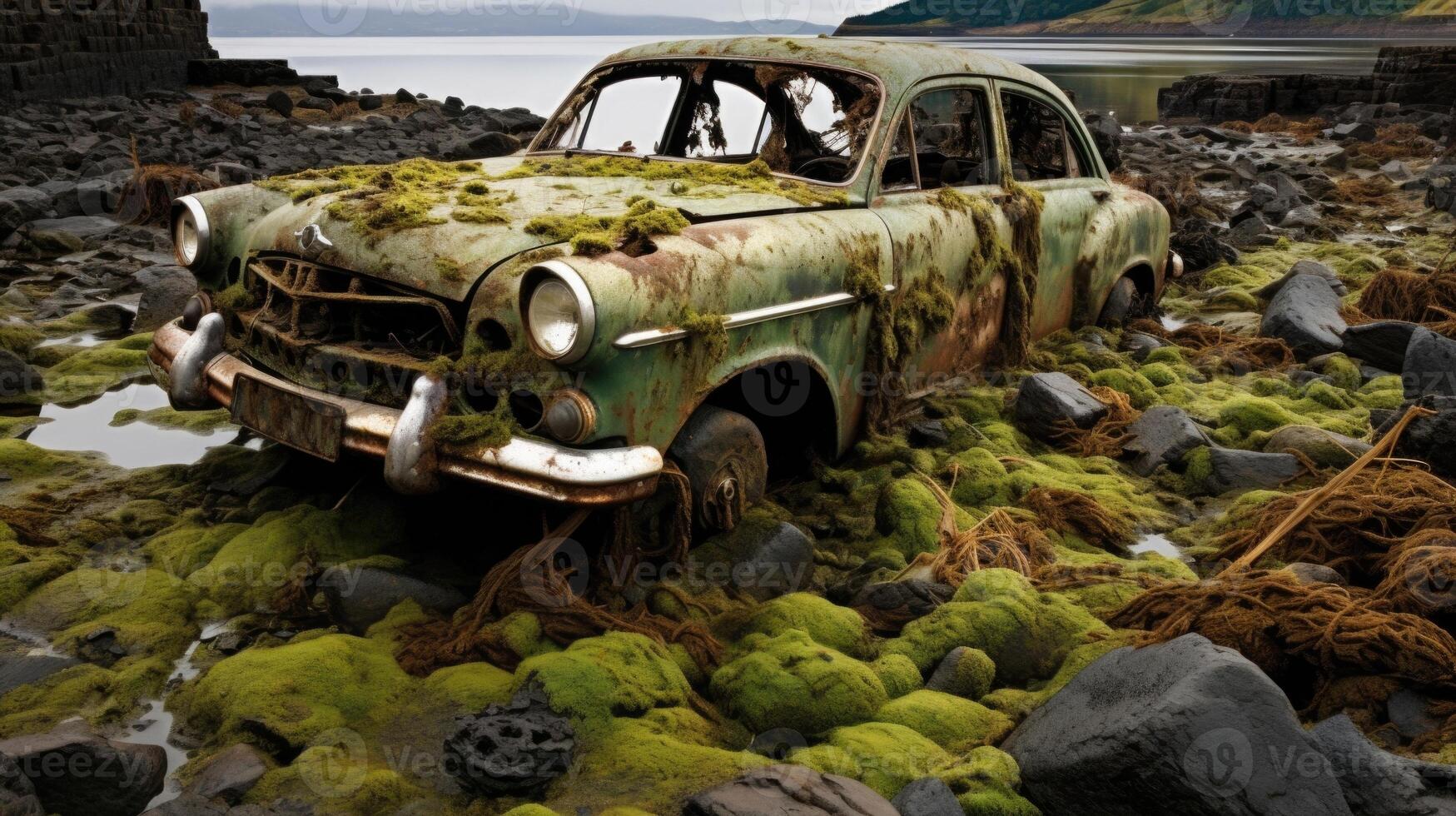 A forgotten flood left behind a watery grave for vehicles, now resting in the deep, their once shiny surfaces now corroded and covered in seaweed. photo