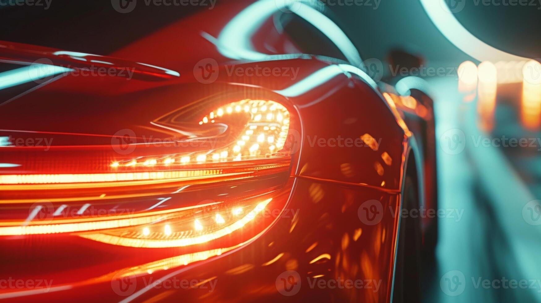 In a closeup shot the camera focuses on the intense gleam of the headlights as they illuminate the blurred scenery in the background a clear indication of the breakneck spee photo