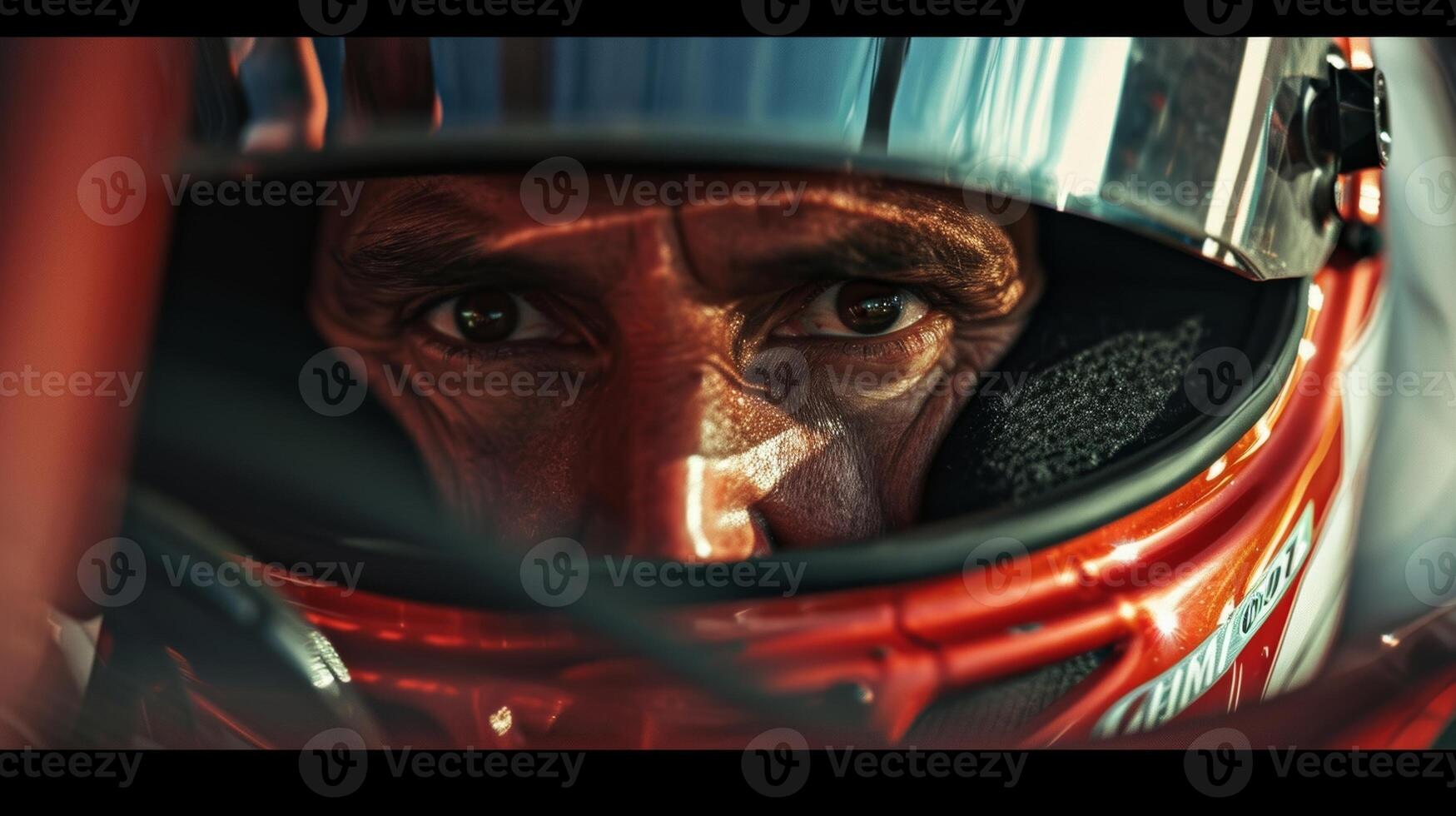 Closeup of the intense look on a drivers face as they gear up for a highspeed race in their soupedup muscle car photo