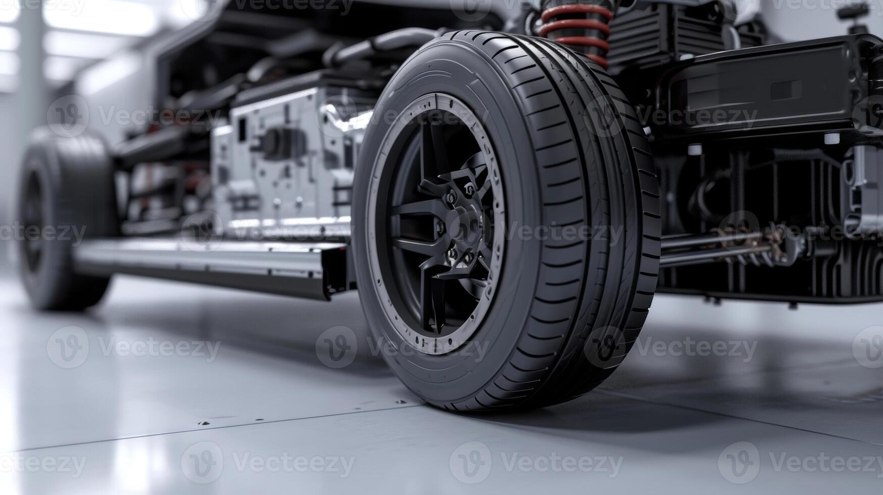 A shot of the underside of an electric car showing the flat and smooth surface that helps to reduce air resistance and improve battery range photo