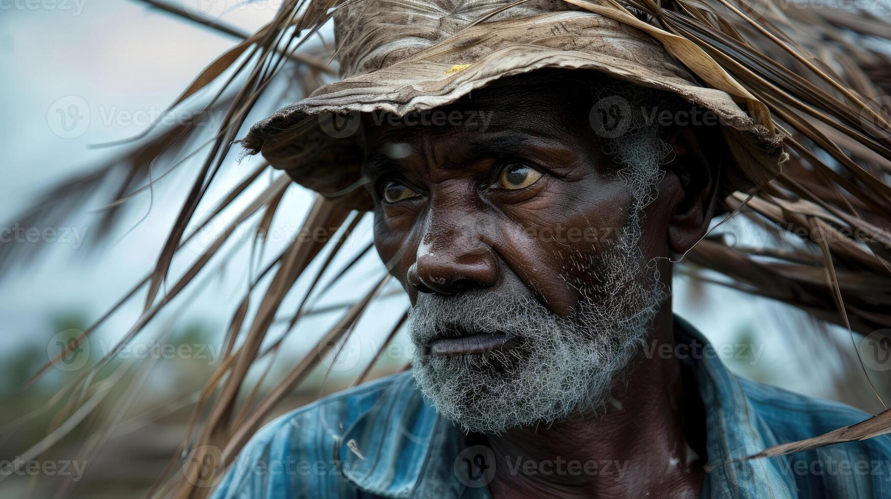 An elderly man with a weathered face and a hat made from palm leaves standing tall in the aftermath of a cyclone a symbol of resilience and wisdom photo
