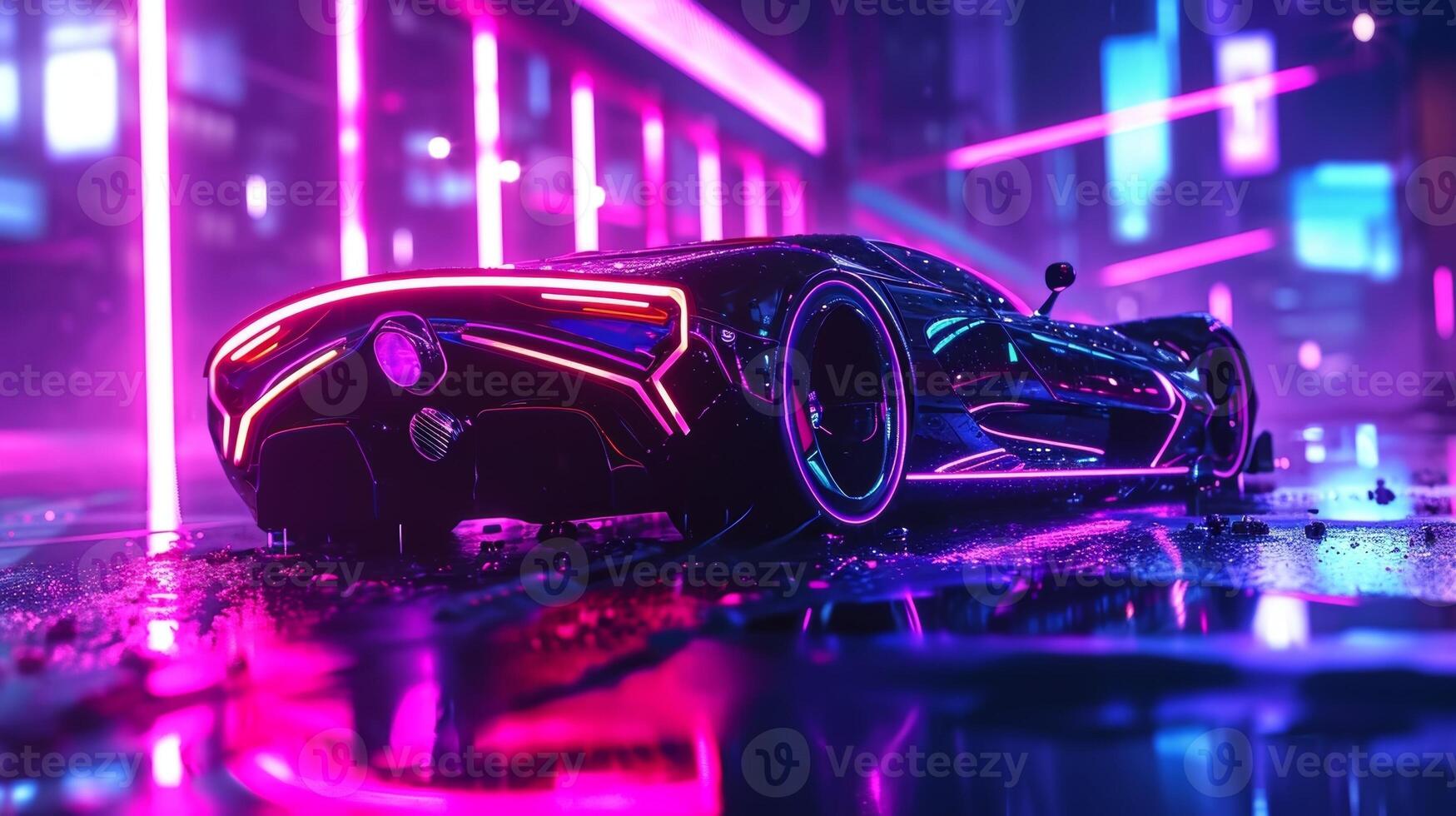 A closeup of a neon nightcrawler as it navigates through the urban landscape leaving a trail of intense fluorescent light in its wake photo