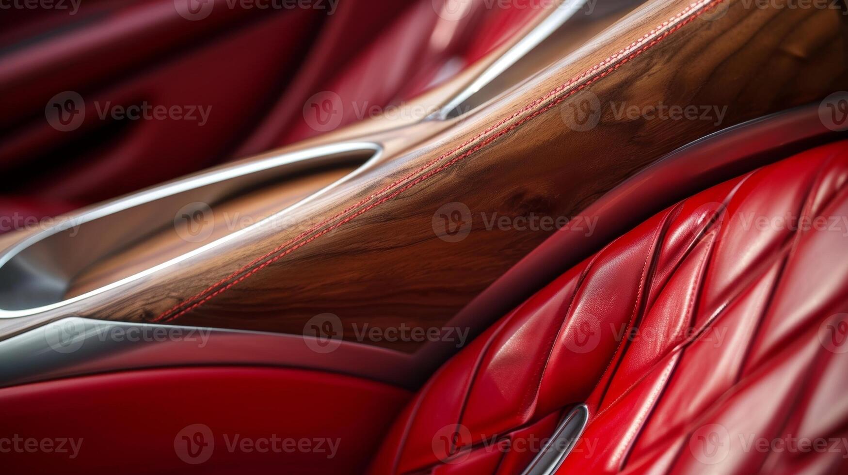 A closeup of the wood trim on the seatbacks revealing the handcrafted stitching and smooth polished surface photo