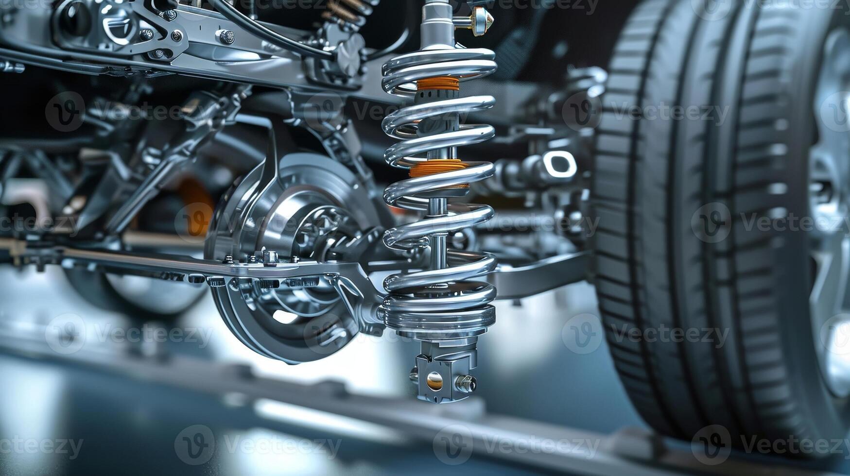 Closeup of the suspension dampers in action as the vehicle goes over a speed p showcasing their role in maintaining a comfortable ride and reducing vibrations photo