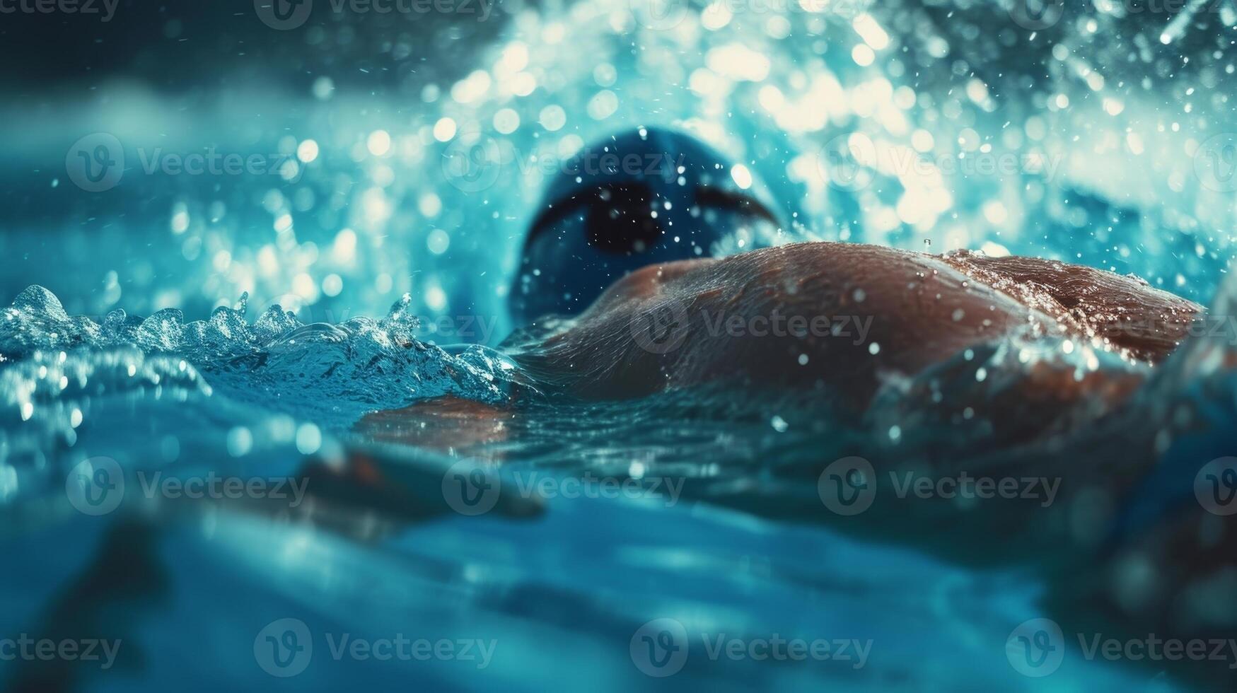 Extreme closeup of a swimmers highlighting its hydrodynamic material and bodyhugging fit to minimize drag in the water photo