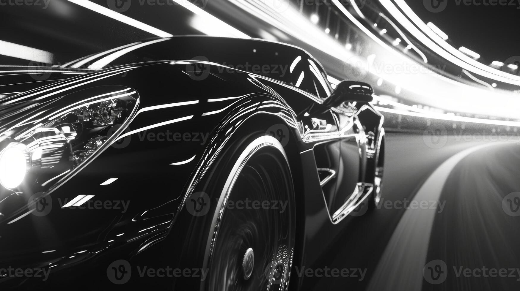 A closeup of a black and white headlight in motion showcasing the dynamic form and elegant curves as the car moves forward photo
