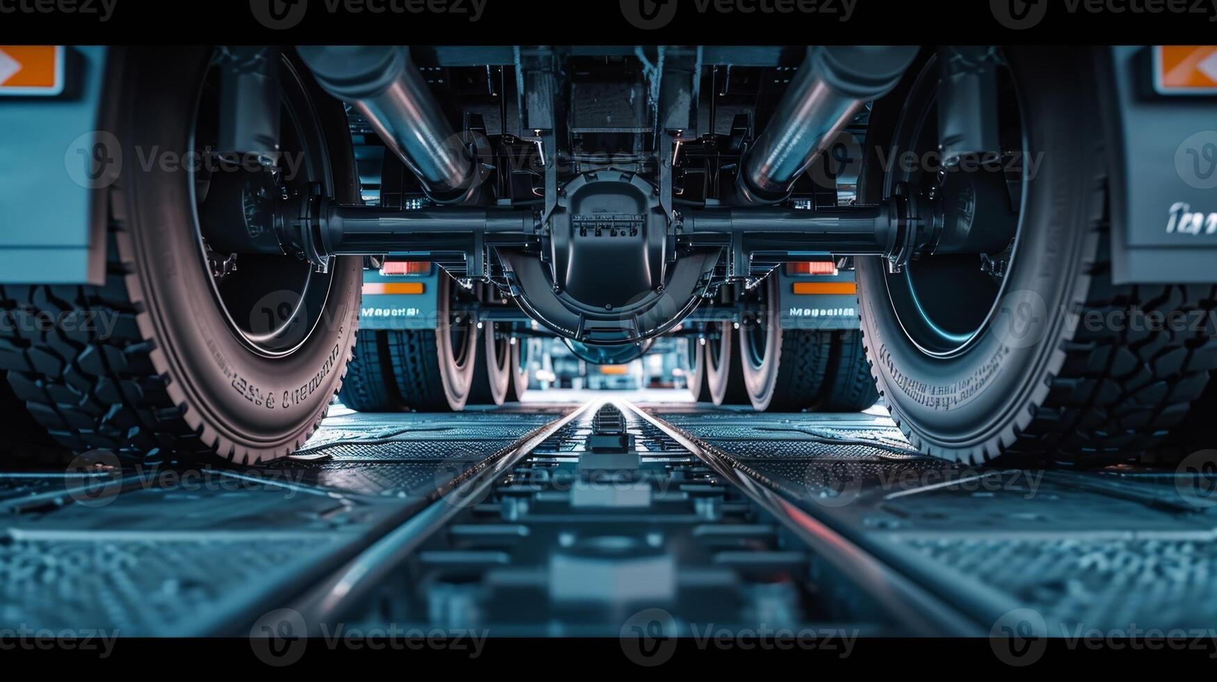 A shot from underneath a truck revealing the intricate design of its undercarriage and how it helps to smooth out airflow and reduce turbulence photo