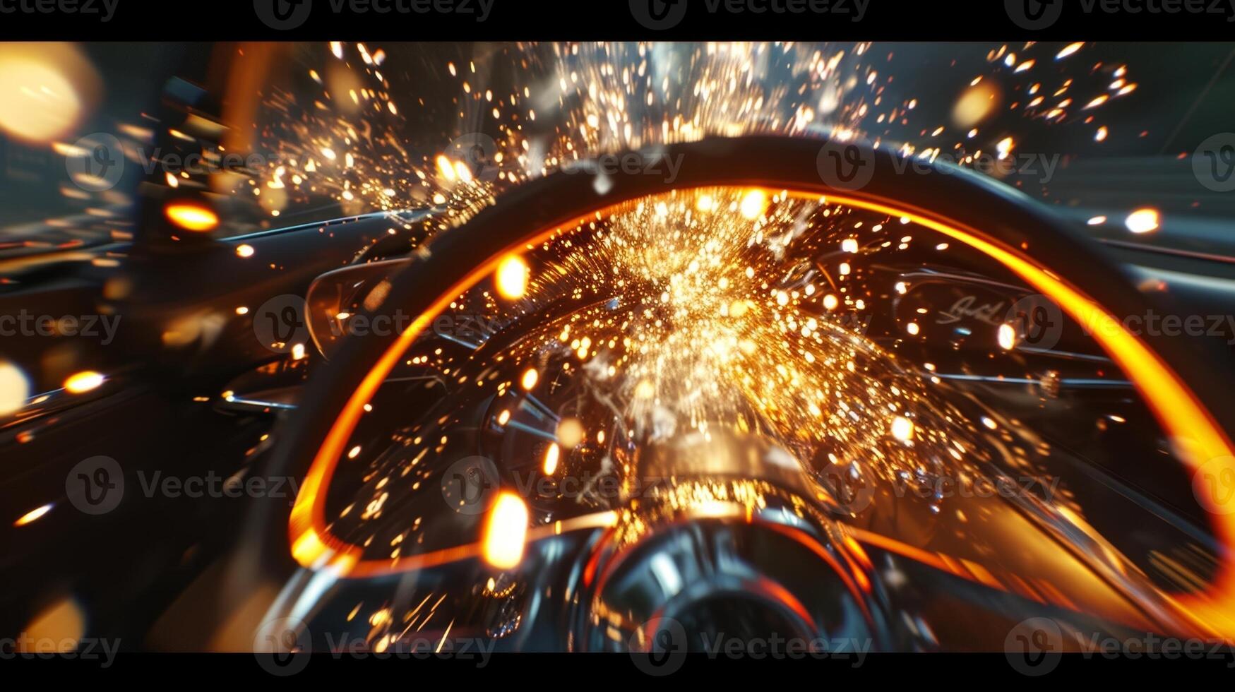 A closeup of a revving engine the sparks flying and the intense vibrations felt through the screen creating a sense of being in the drivers seat photo