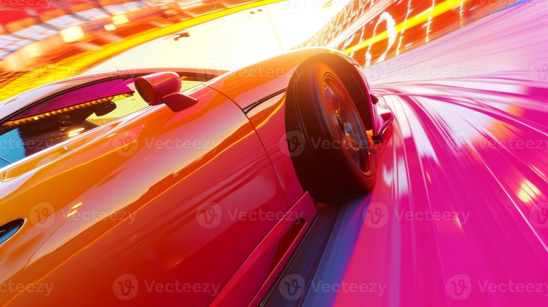 The camera zooms in on a cars hood the vibrant paint job glistening in the sun as the driver expertly maneuvers through a sharp turn photo