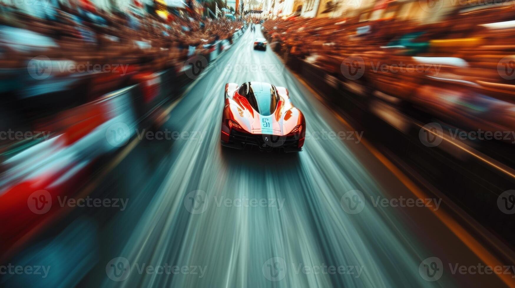 The blurred image of a car zooming by a crowd of cheering spectators with only the distinct sound of engines and cheers audible photo