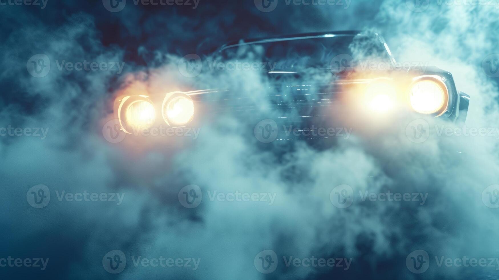 Closeup of the cars headlights ting through the thick smoke and creating a tunnellike effect photo