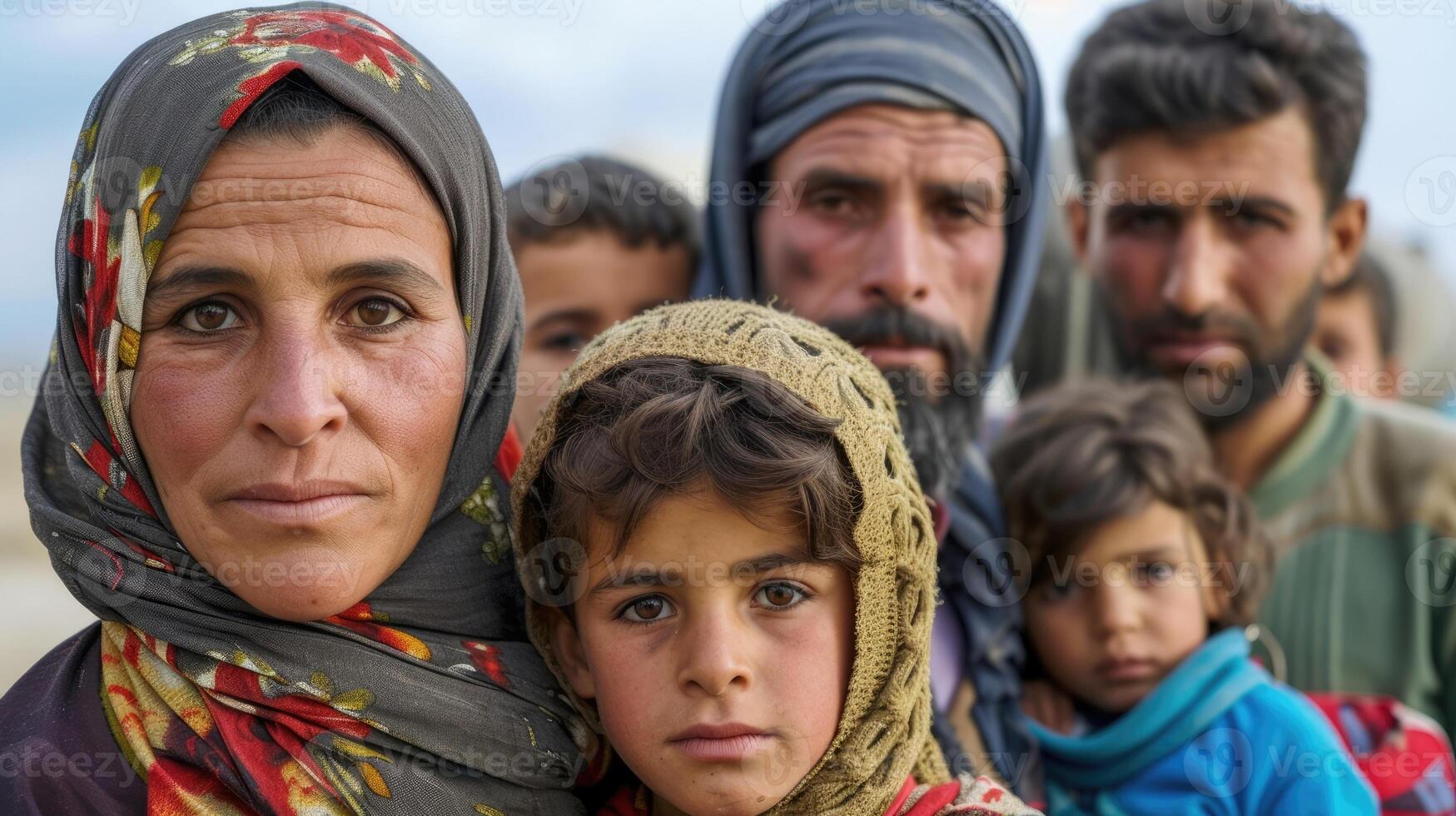 A group of refugees their faces filled with hope and determination as they rebuild their lives and showcase their resilience in the face of war and displacement photo