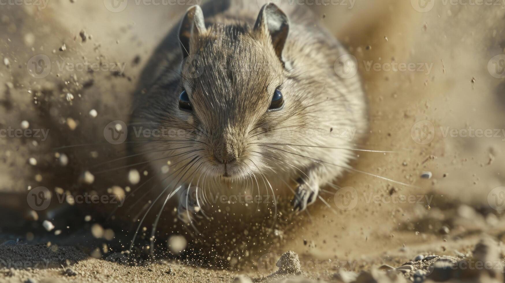 Closeup of a gerbil shaking off the excess sand from its fur its eyes squinted in satisfaction as it removes all traces of the storm from its coat photo