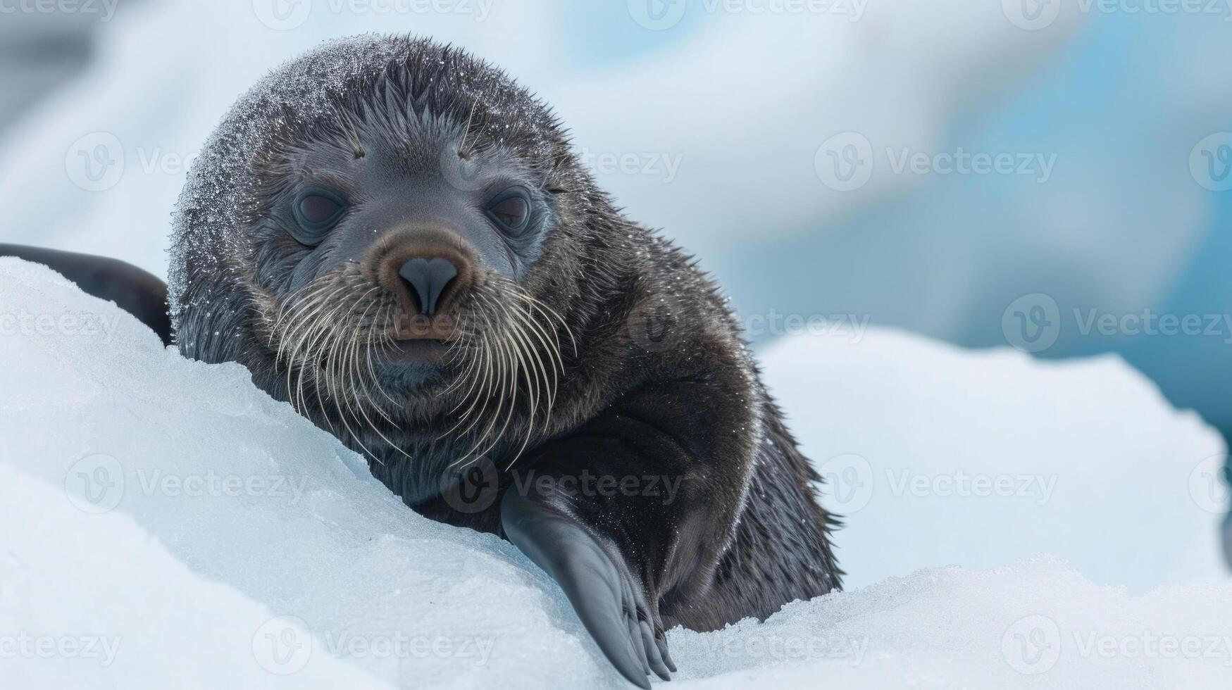Closeup of a playful fur seal pup on an ice floe its fluffy coat contrasting against the stark white backdrop of the frozen continent photo