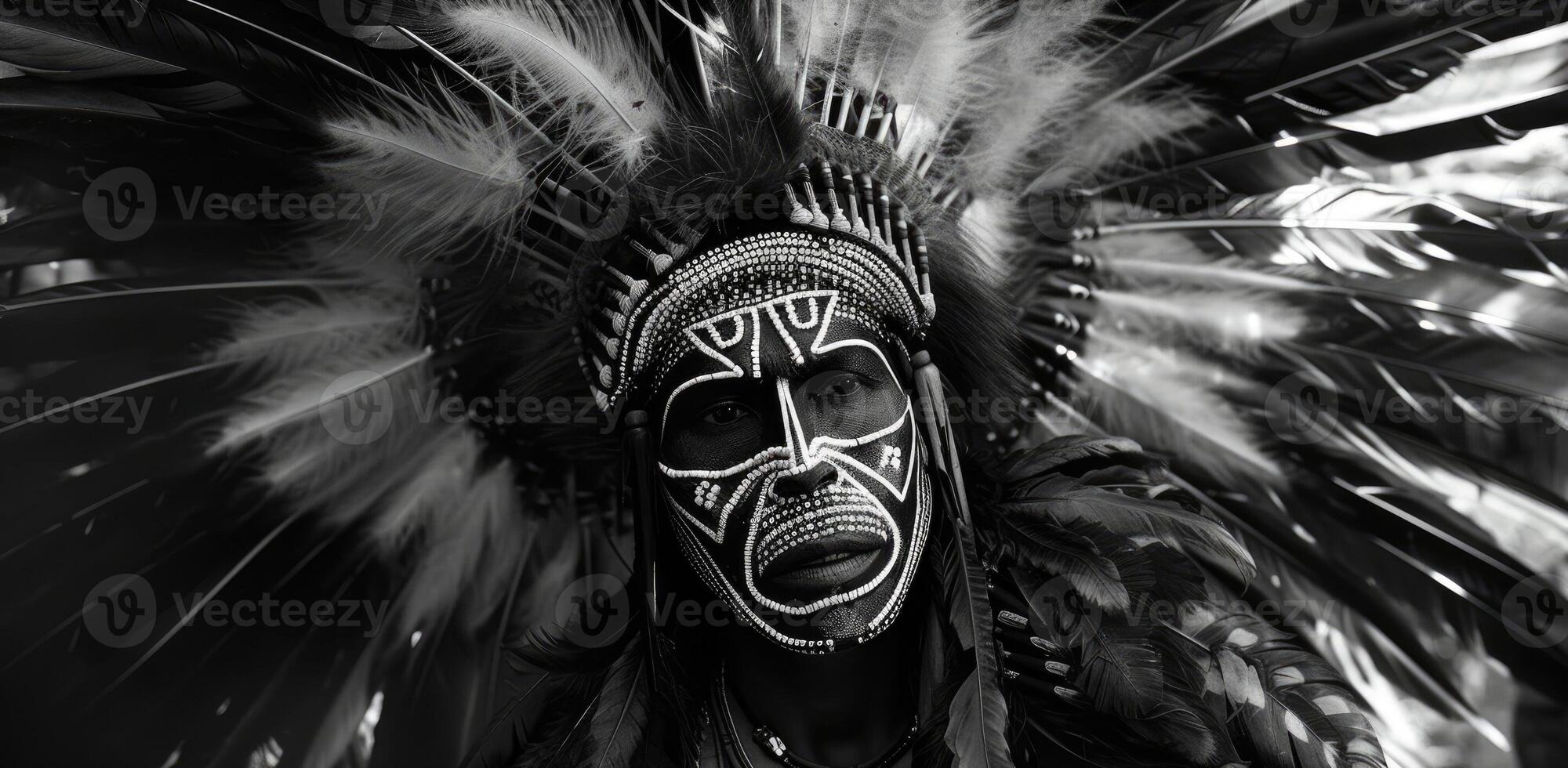 A man wearing a mask and elaborate feathers dances in a tribal ceremony at a Native American festival photo