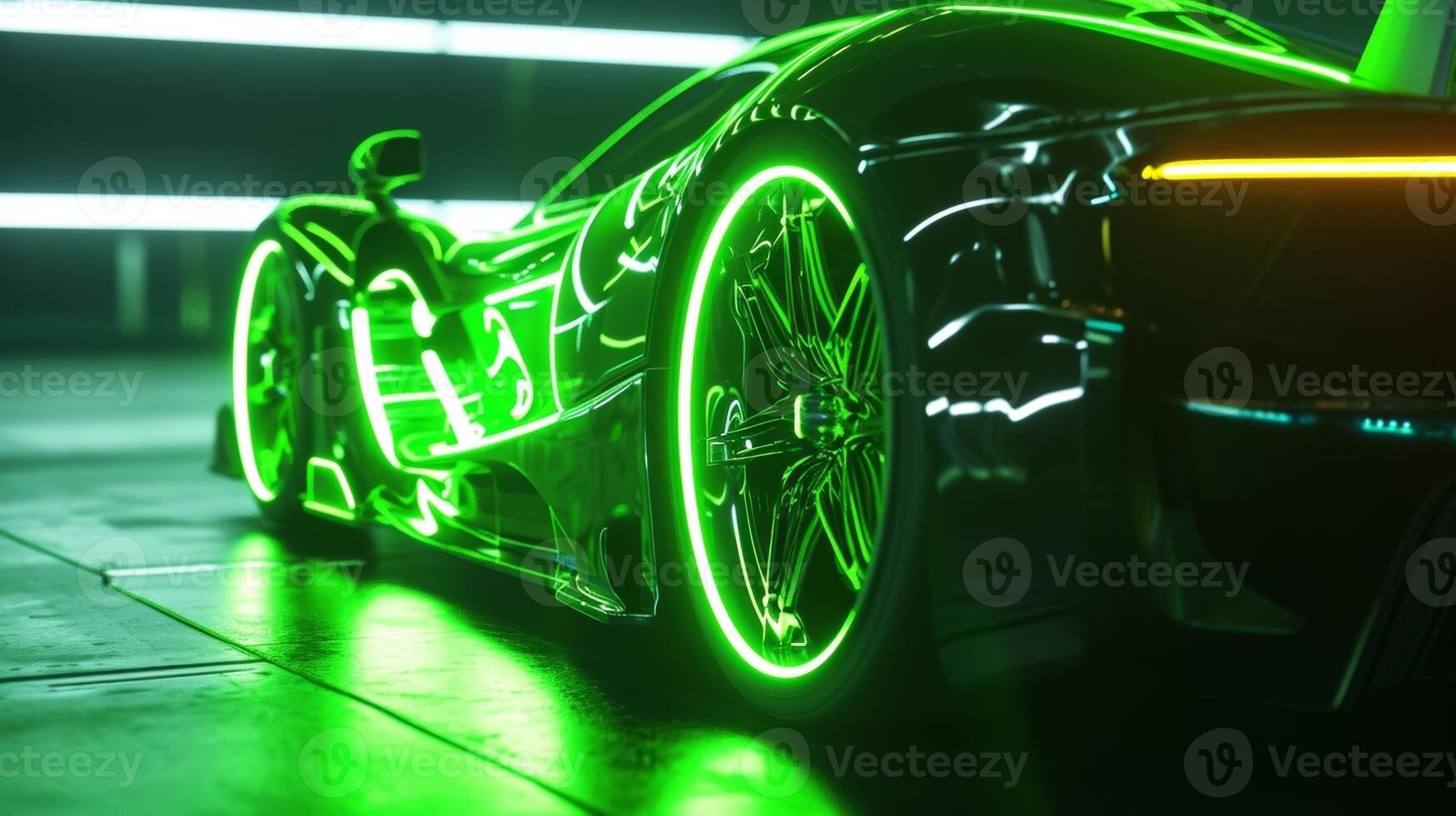 A closeup of a sports car logo glowing with a neon green light giving off a futuristic and dynamic vibe photo