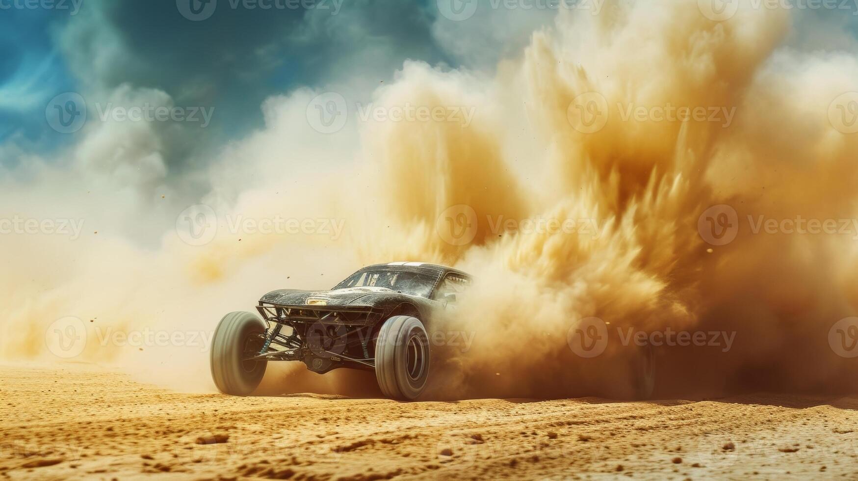 A shot from ground level captures the dramatic finale of the race as a victorious drag car crosses the finish line leaving a trail of sand and dust in its wake photo