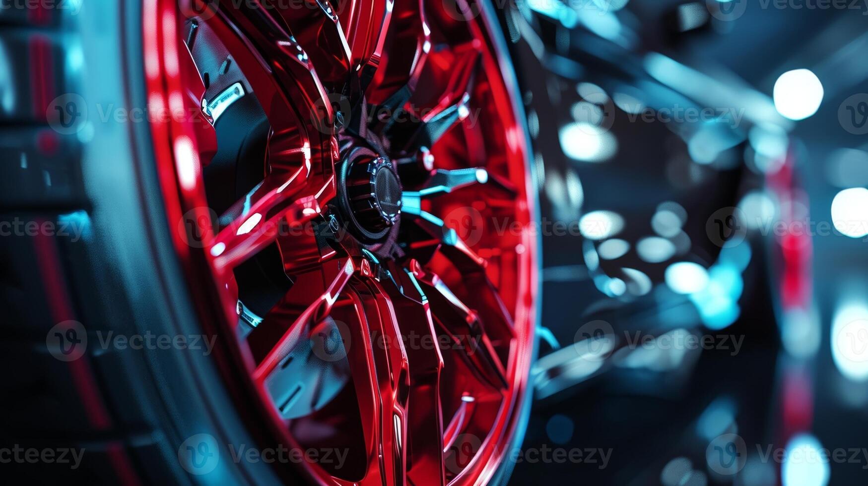 The camera focuses on the red coloring of the brake caliper adding a pop of color to the otherwise metallic design. Its glossy finish catches the light in the closeup shot photo