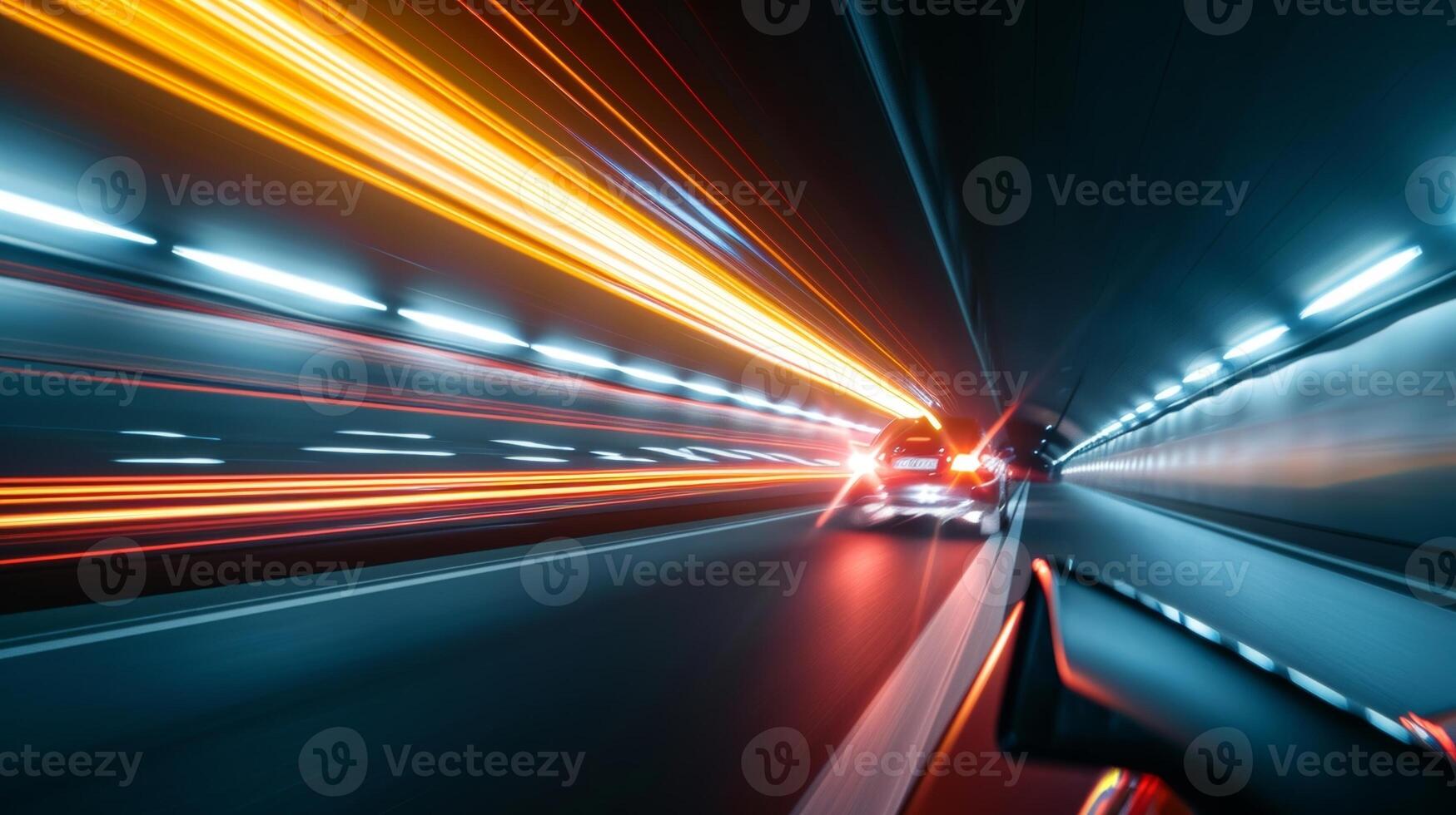 Closeup of car headlights creating a trail of light as it speeds through a dark tunnel. The contrast between the bright lights and the surrounding shadows is striking photo