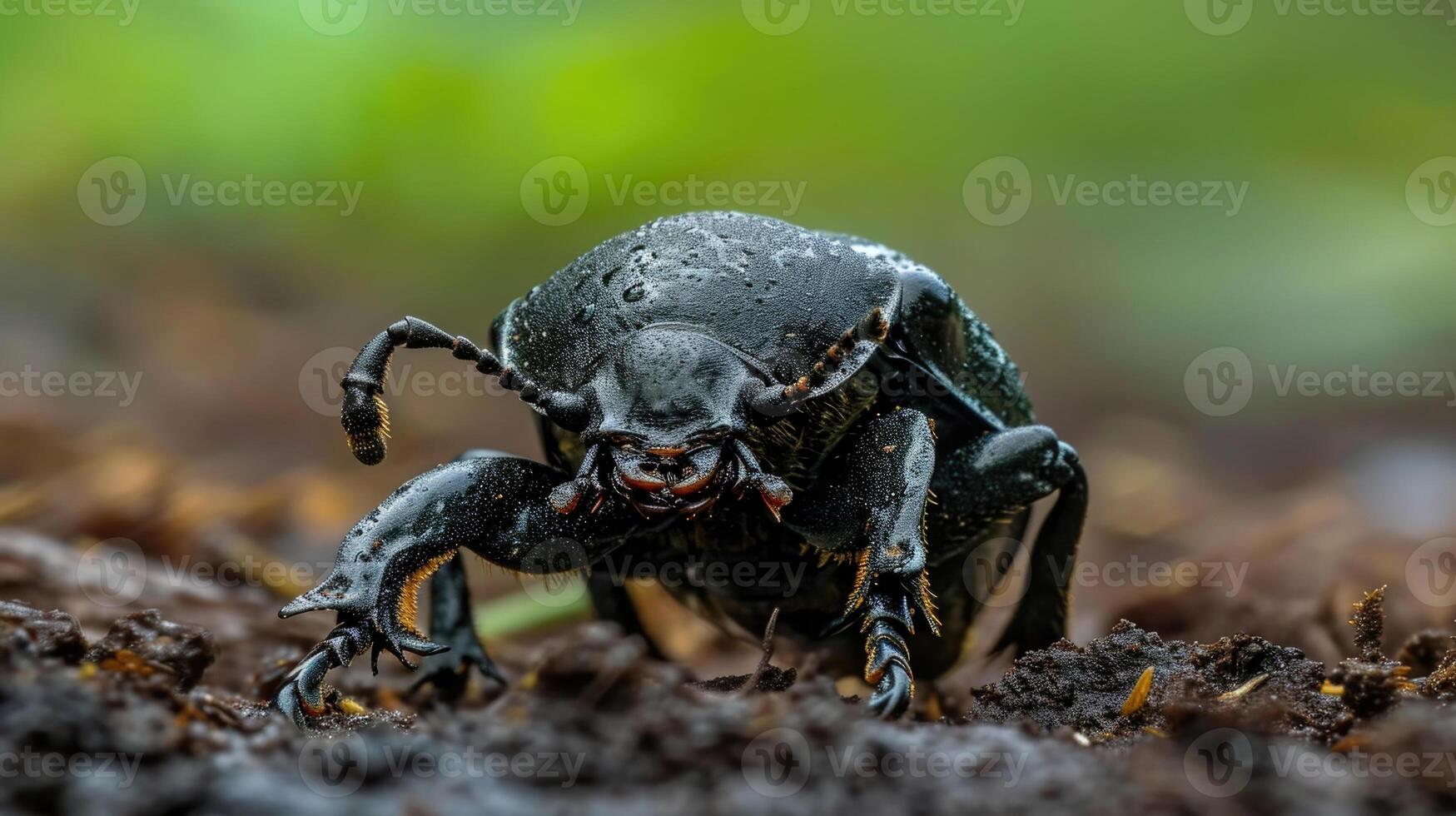 Closeup of a dung beetle with its thorax bent low against the ground its powerful mandibles carefully holding onto a piece of dung as it waits for the rain to p photo