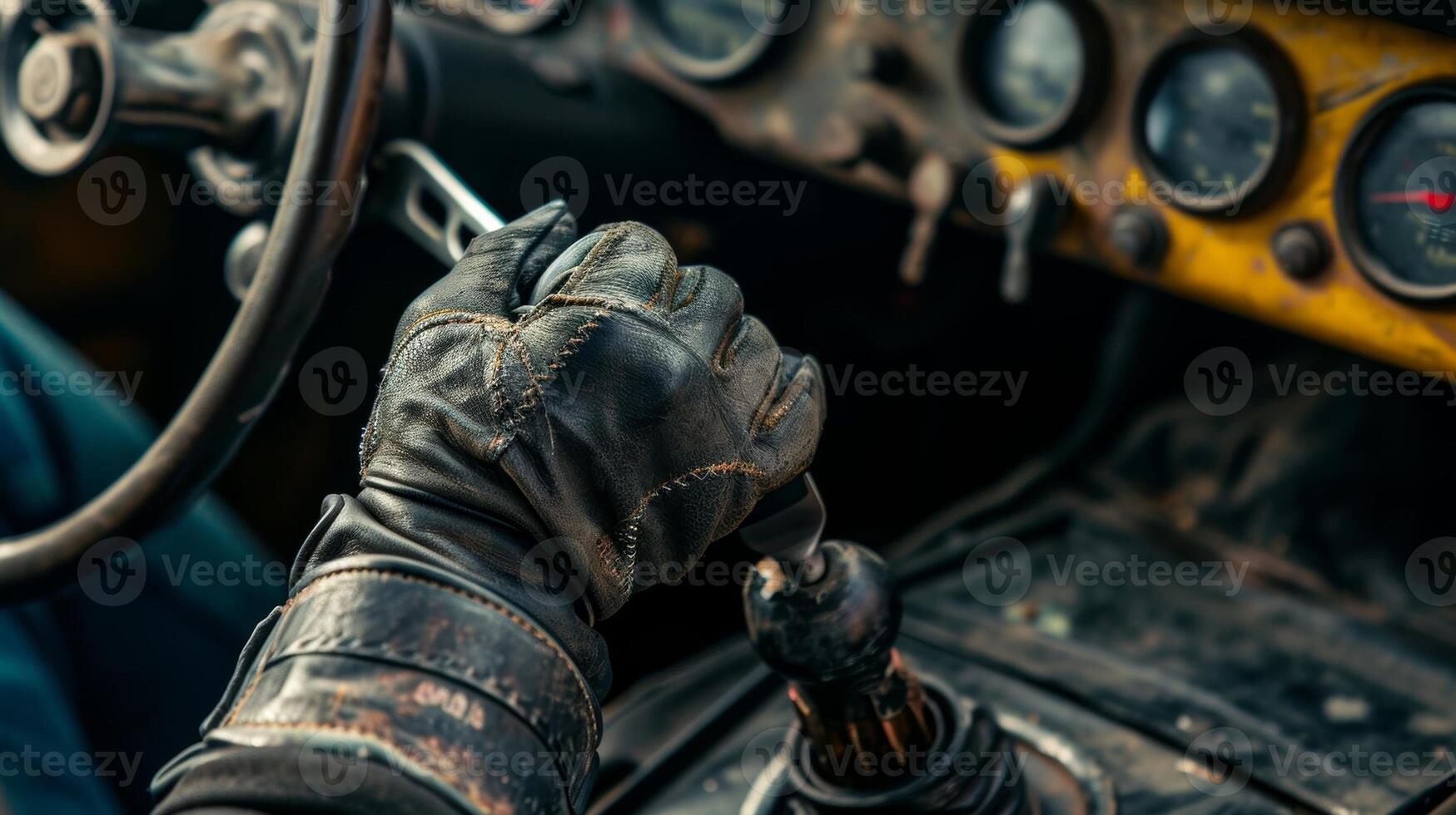 A tight shot of a drag racers gloved hand gripping the gear shifter ready to shift into high gear photo