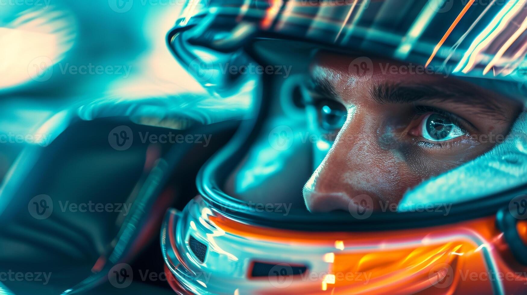 Closeup of the winning drivers intense gaze as they look around taking in the realization of their accomplishment photo