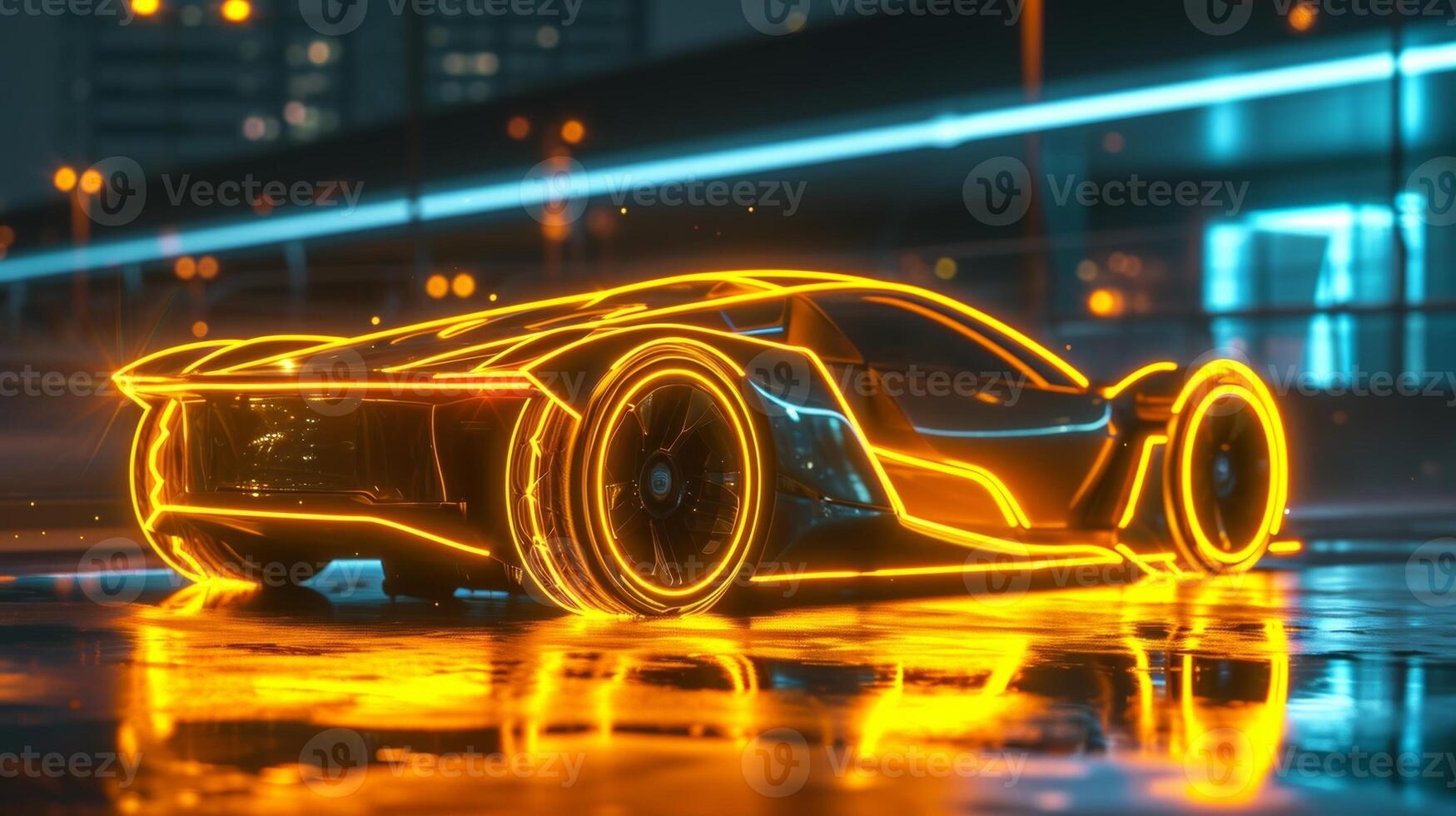 Vibrant yellow neon lights glow softly as they outline the edges of the car giving off an undeniably cool and edgy vibe photo