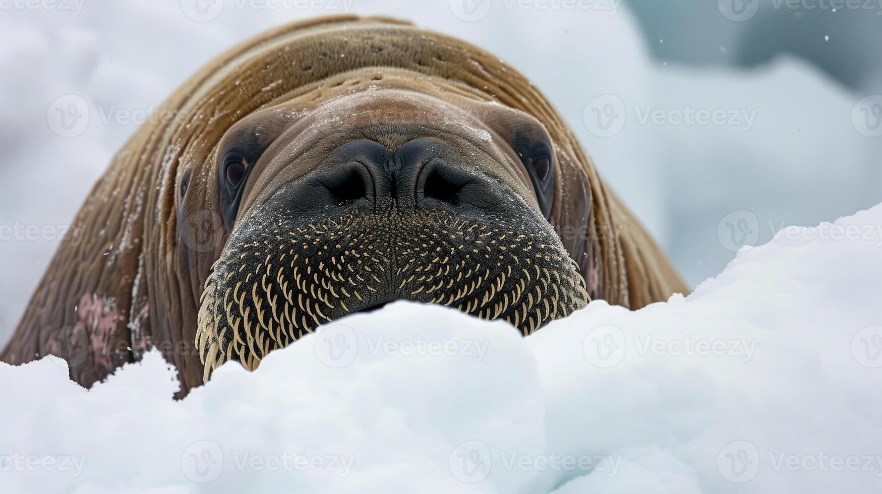 Closeup of a curious walrus with its glossy black eyes gazing up at the viewer while resting its head on a mound of snow photo