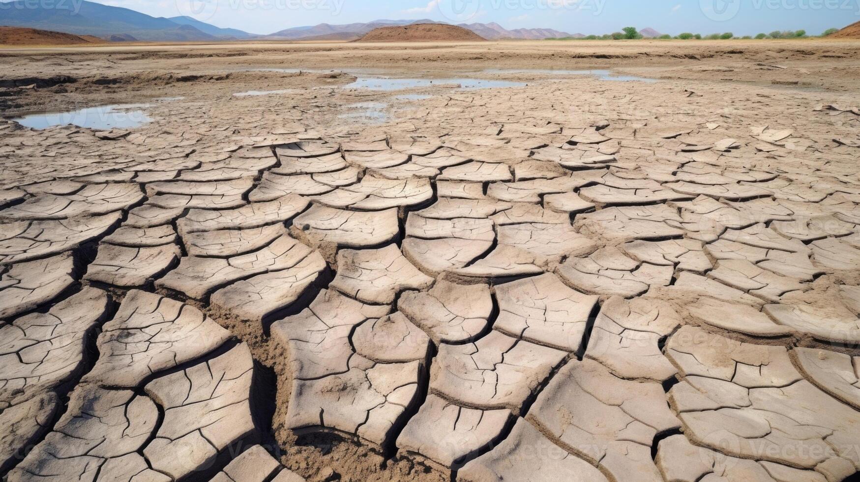 A striking closeup of a shallow lakebed, showcasing the alarming consequences of rising temperatures on freshwater ecosystems. The exposed mud and dwindling water level have caused mass photo