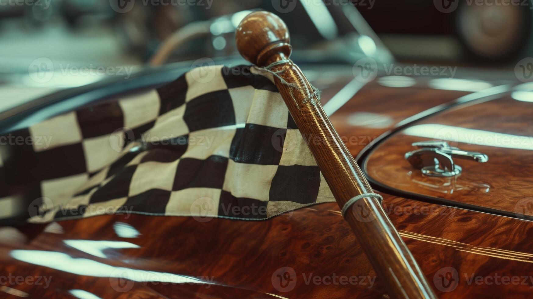 The camera focuses on a custommade wooden stick with a smooth handle used for holding and waving the checkered flag. The wood is polished and gleaming photo