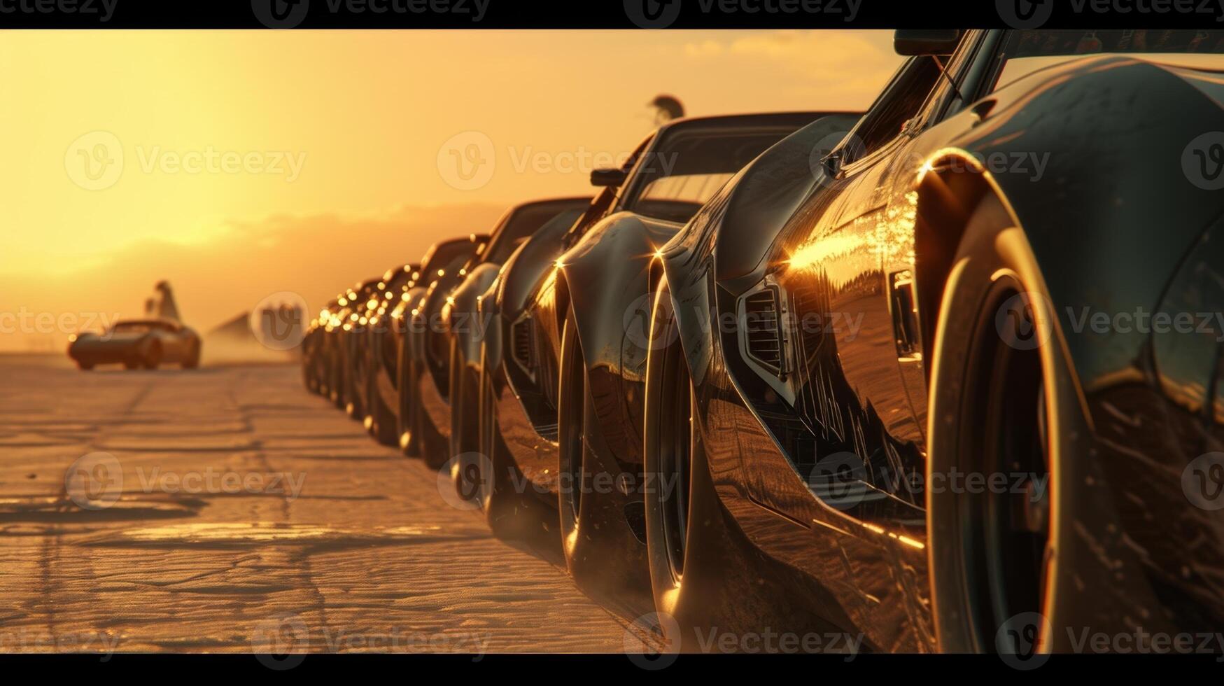 The camera pans over a line of drag cars their glossy exteriors reflecting the harsh desert sun as they await the start of the race photo