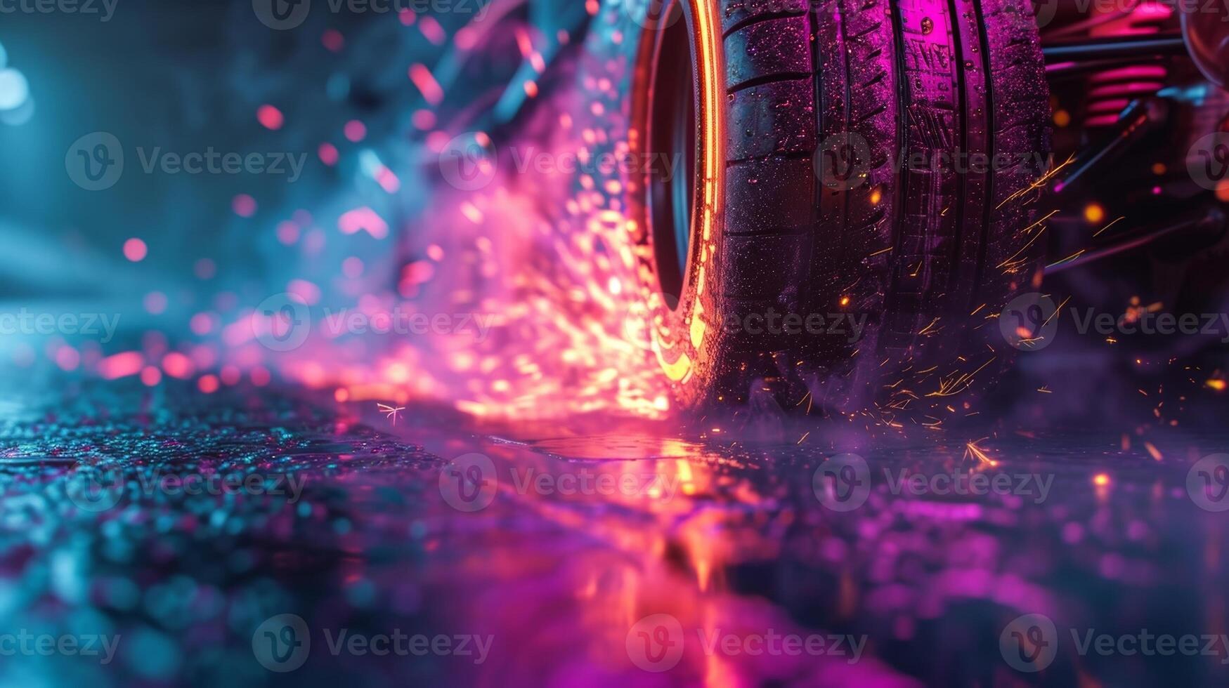The camera zooms in on a pair of tire treads the friction between rubber and pavement creating a shower of neon sparks as the car burns rubber and accelerates towards th photo