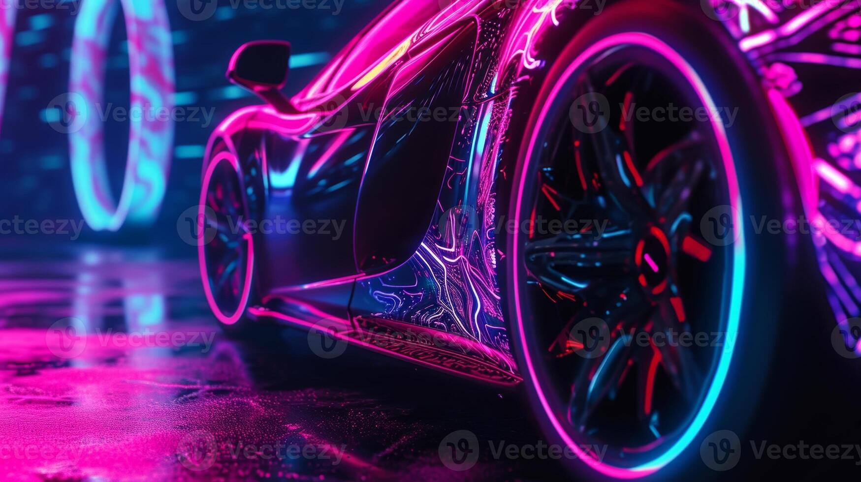 The camera moves in close to reveal the intricate patterns and designs that the neon lights create on the stationary wheel of a car hinting at the potential for a thrillin photo