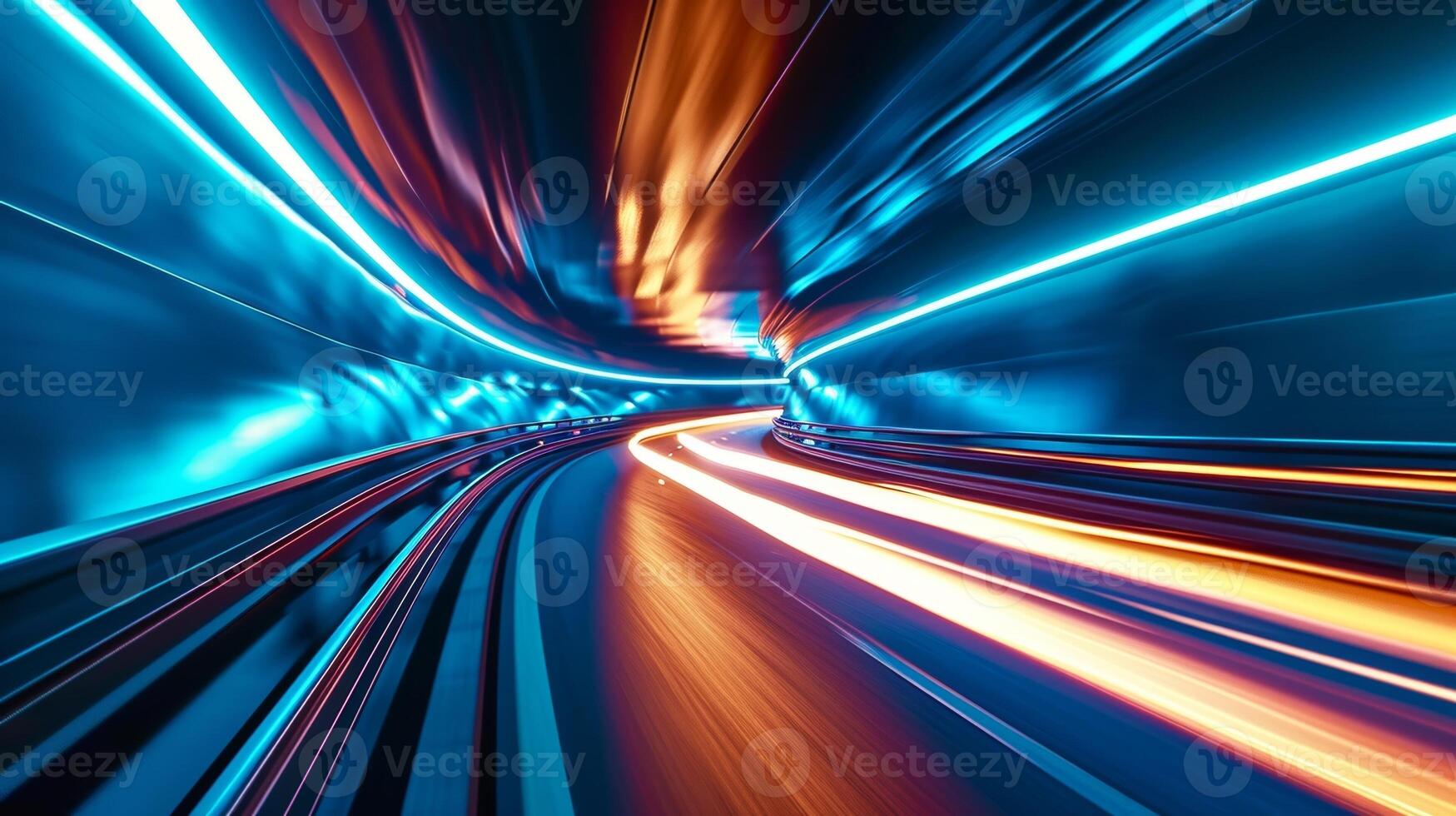 Slow motion closeup of car lights creating a mesmerizing light show as it weaves through the curves of a tunnel. The varying patterns of light and shadow create a dynami photo
