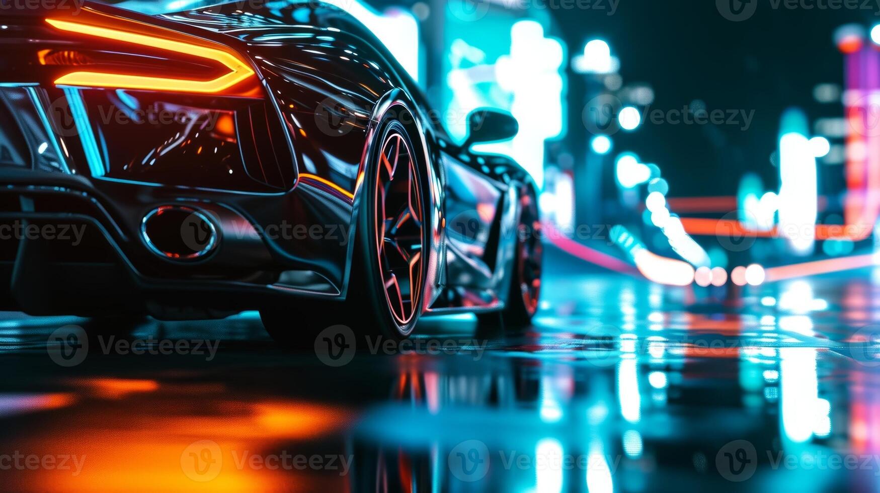 A slowmotion shot captures the intense reflection of the city lights on the sharp angular headlights of a street racing car creating a mesmerizing and dynamic visual photo