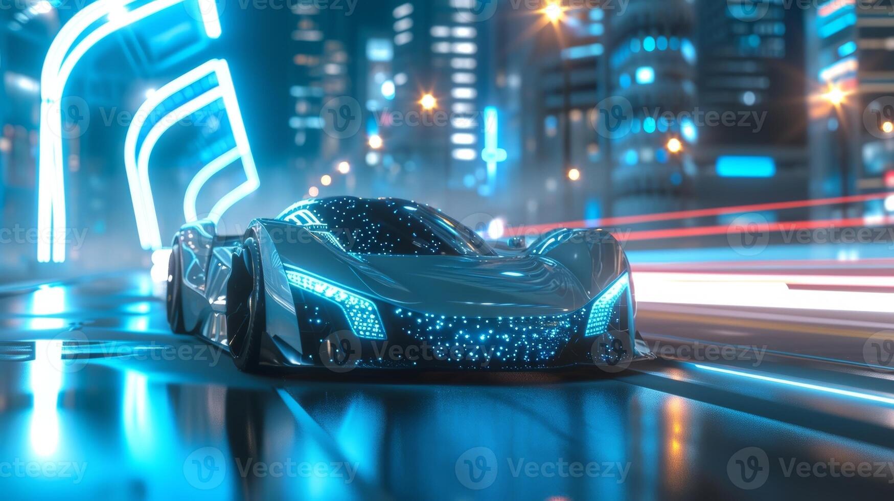 The headlights of the car flicker with a bright blue glow giving off an otherworldly vibe as the vehicle pes under towering electric pillars photo