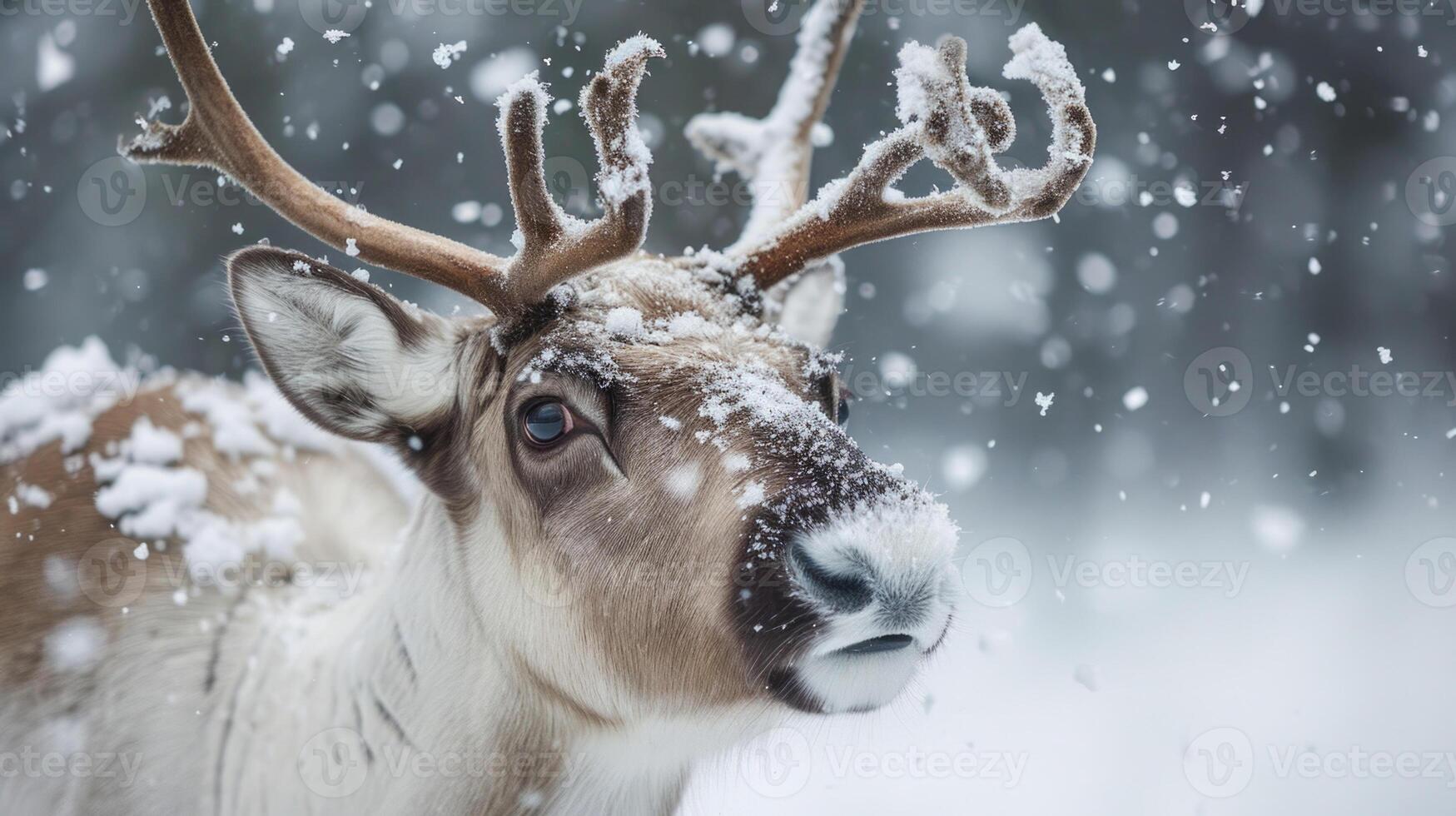 Closeup of a playful reindeer its head tilted back as it playfully nuzzles its furry face into a pile of freshly fallen snowflakes photo