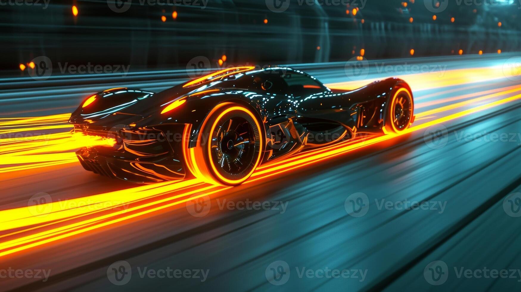 As the car speeds down the track the neon orange racing stripe glows brightly leaving a trail of electrifying light in its wake photo