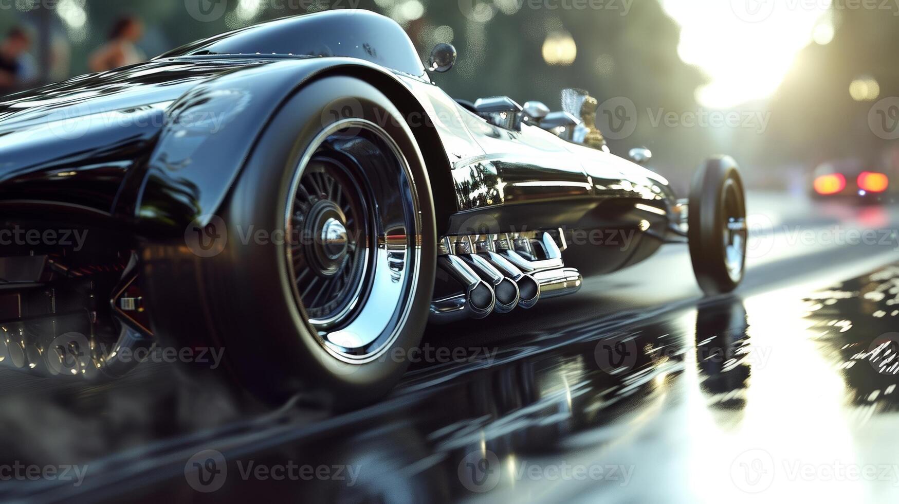 The camera zooms in on the sleek shiny body of a vintage dragster as it revs its engine in anticipation of the race photo