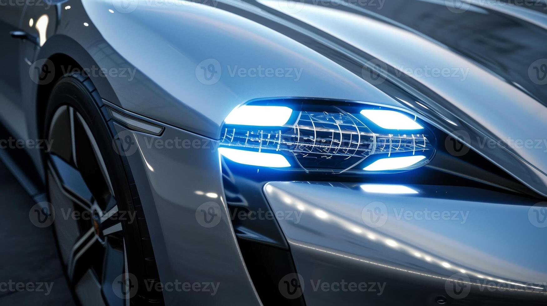 Detailed view of the energyefficient headlights on an electric vehicle using significantly less electricity compared to traditional headlights photo