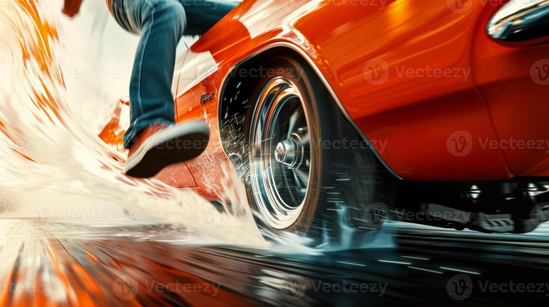 A tight shot of a drag racers foot pressing down on the gas pedal the car jolting forward with force photo