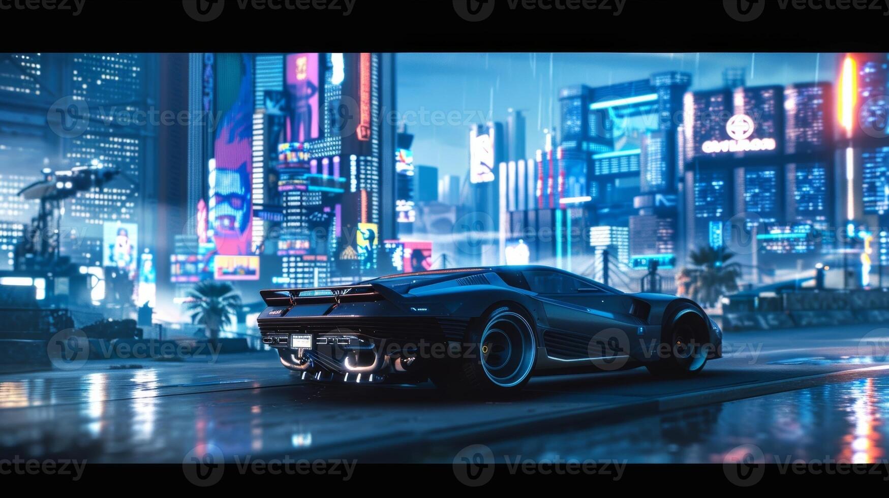 Against a background of towering skysers the cars mirrored exterior reflects the glowing lights of the city giving it a futuristic and mystical aura photo