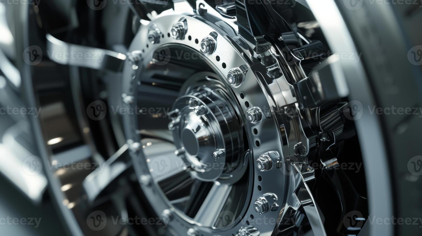 A closeup of the center hub shows a precise and seamless connection between the wheel and the cars axle photo
