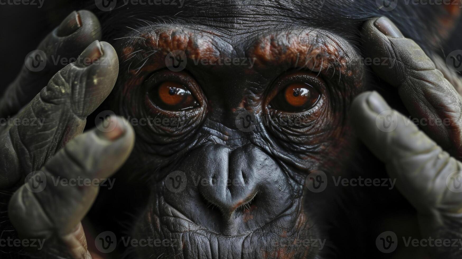 Closeup of a chimpanzees face clearly showing fear and desperation in its eyes as it frantically tries to escape from the hands of a poacher symbolizing the constant dange photo