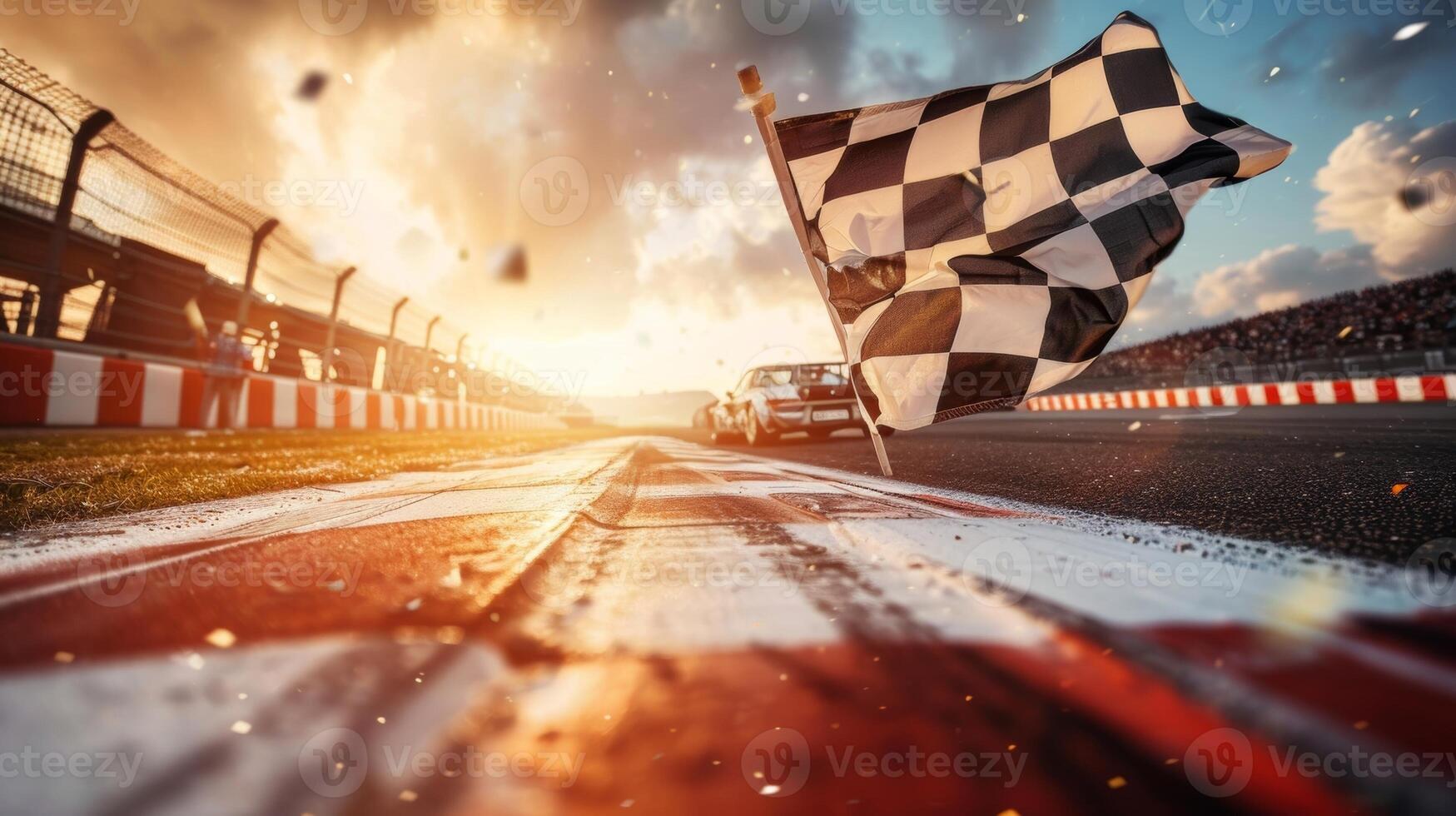 A low angle shot of the checkered flag being lowered onto the winner of a race capturing the moment of victory and celebration photo