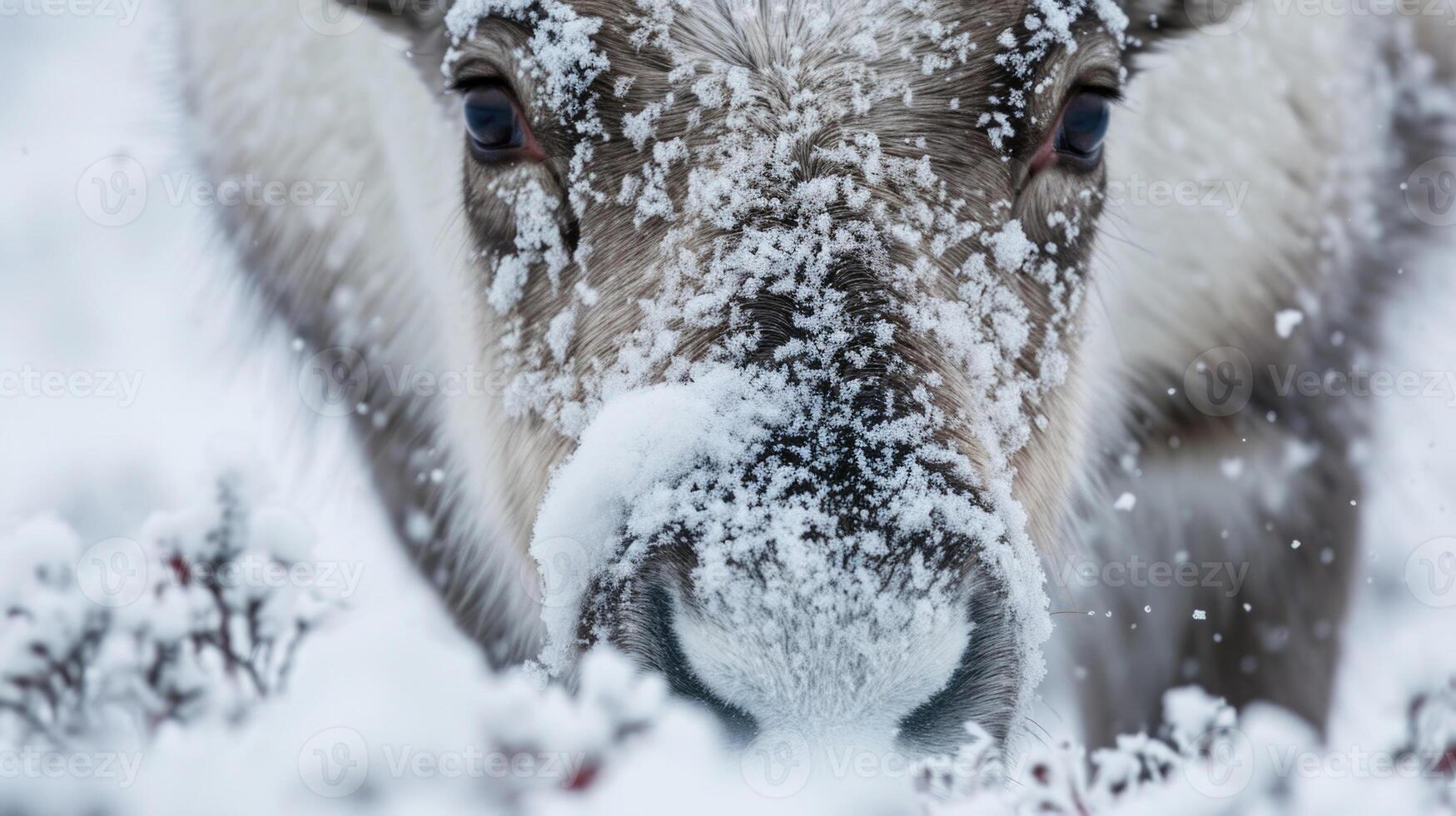 Closeup of a Svalbard reindeers snout covered in snow as it digs for lichen beneath the frozen surface photo