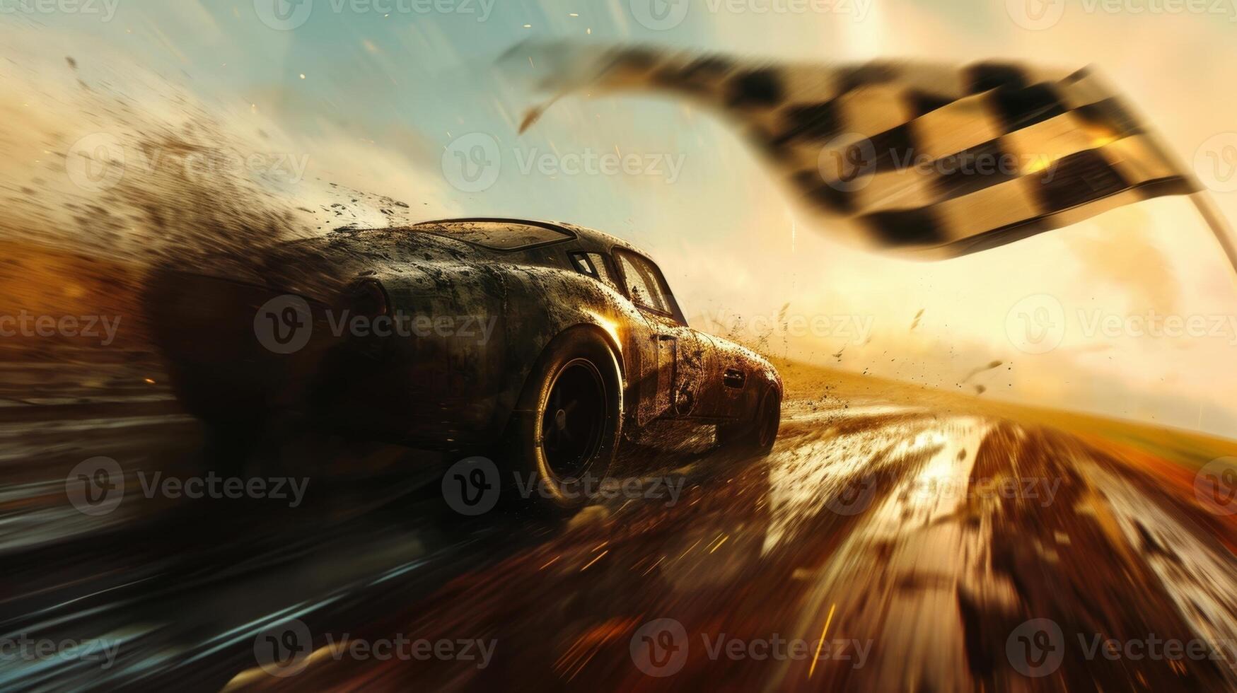 The checkered flag blowing in the wind evoking a sense of freedom and adventure as international racers push themselves and their vehicles to the limit all in pursuit of th photo